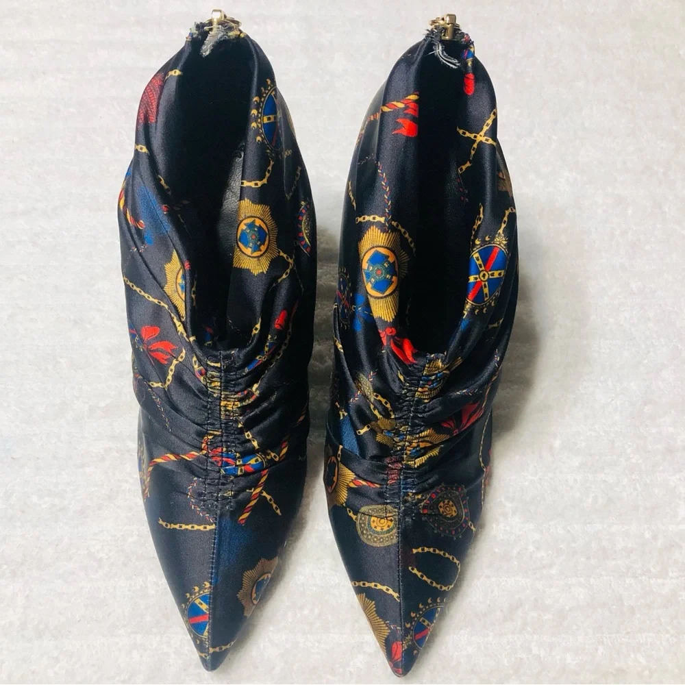 ZARA Black Ankle Boots Multi Scarf Print Satin Bootie Heels. Size 36 - Picture 7 of 14